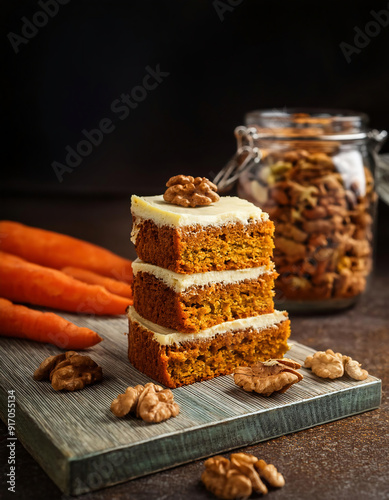 Homemade creamy carrot cake cut into pieces stacked on a wooden board next to a jar full of walnuts and carrots against black background photo