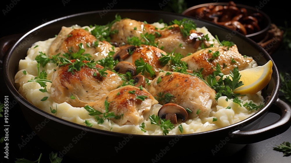 Close view of chicken & dumplings, capturing the hearty textures, front view from above, studio lighting, white background. Close view of chicken & dumplings, capturing the hearty textures, front view from above, studio lighting, white background.