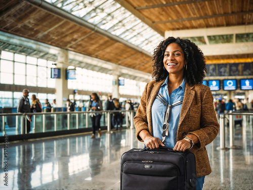 businesswoman with luggage at airport