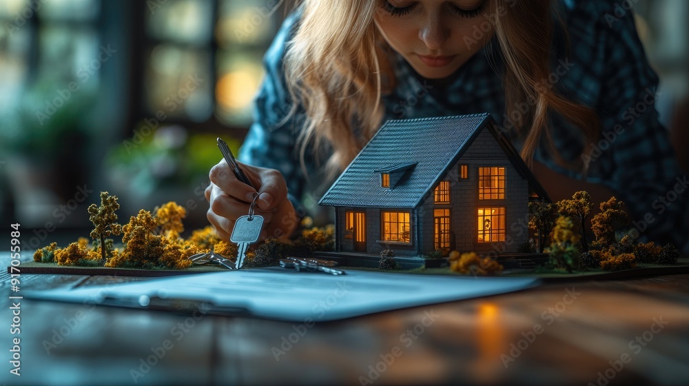 Modern Real Estate Concept with House Model and Keys Modern Real Estate Concept with House Model and Keys