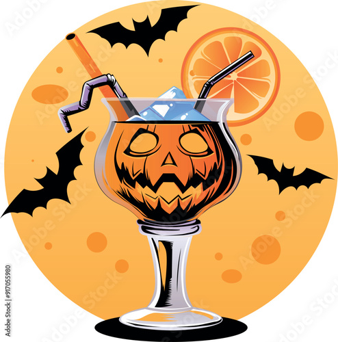 A spooky Halloween pumpkin cocktail against a full moon background