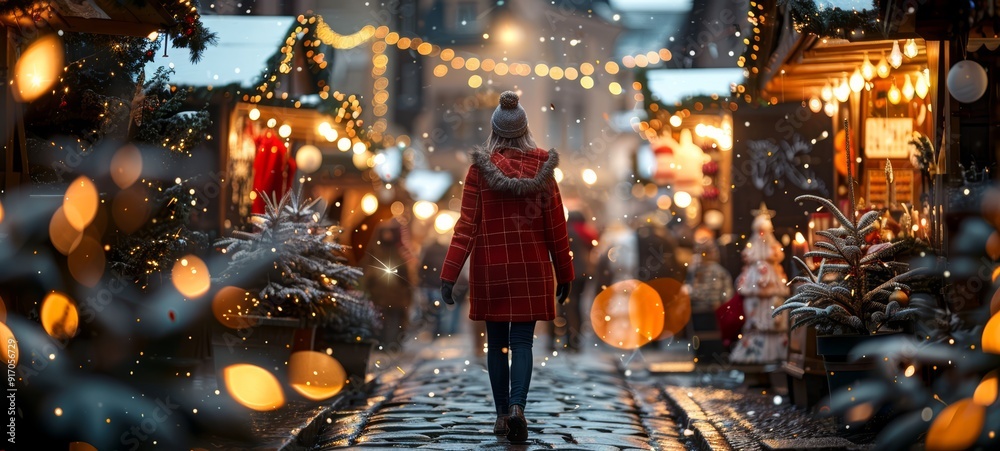 Naklejka premium A person in a red coat walking through a Christmas market, surrounded by festive lights and decorations. Perfect for holiday season or winter festivity themes. Photograph, horizontal format. 