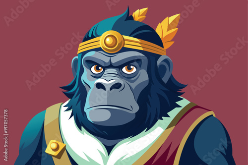 A cartoon gorilla, wearing a crown and holding a sword, presents a humorous yet majestic figure in a vibrant illustration.