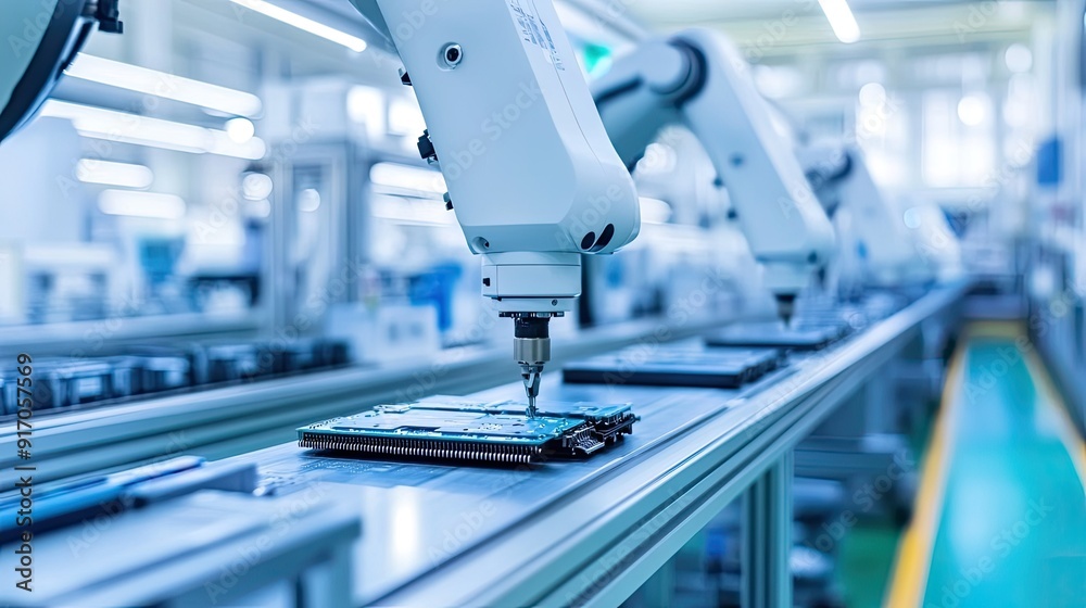 High-tech PCB assembly line in a bright electronics factory, equipped with advanced robot arms for precision and automation, illustrating modern manufacturing High-tech PCB assembly line in a bright electronics factory, equipped with advanced robot arms for precision and automation, illustrating modern manufacturing