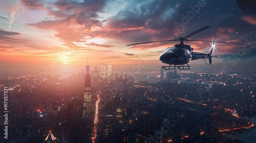 Depict a helicopter hovering above a bustling cityscape at dusk, with the city lights twinkling below