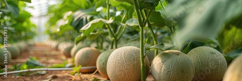 Melons or Cantaloupe plants thriving in toxin free and chemical free greenhouse environment photo