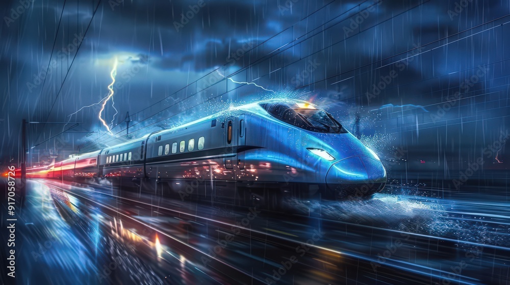 Depict a high-speed train on a stormy night, with lightning illuminating the dark sky.