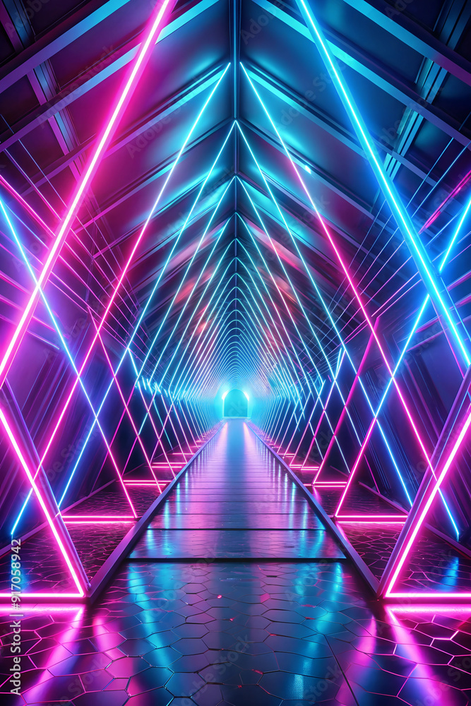Fototapeta premium Futuristic Neon Tunnel. Glowing Pink and Blue Geometric Shapes in 3D.