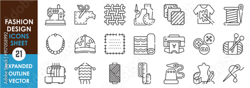 A set of line icons related to Fashion Design. Fashion, t-shirt, shirt, male, female, fabric, cut, cap, print, knit and so on. Vector outline icons set.