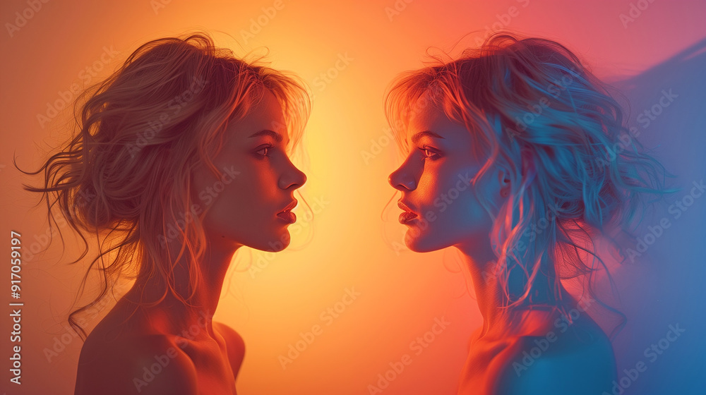 A blonde woman's shadow casting an enigmatic silhouette against a pastel backdrop-2 A blonde woman's shadow casting an enigmatic silhouette against a pastel backdrop-2