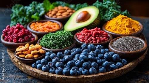 A wooden bowl filled with different types of fruits and vegetables