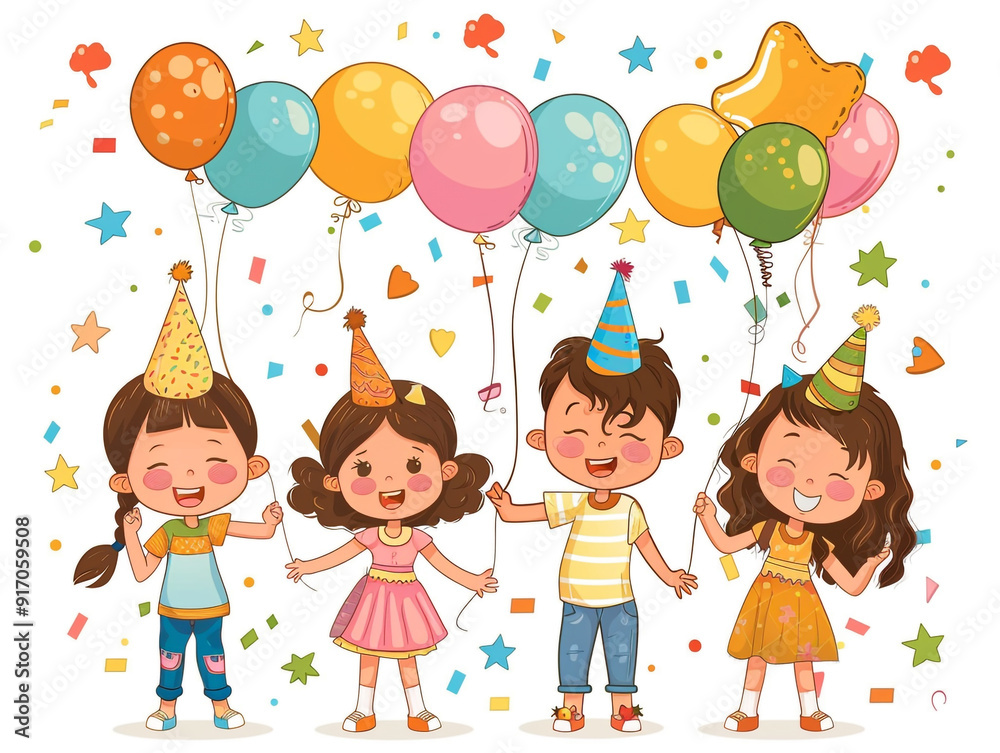 A group of children are celebrating a birthday party with balloons and streamers. Creating a joyful and festive atmosphere. Children hand drawing style on a white background. A group of children are celebrating a birthday party with balloons and streamers. Creating a joyful and festive atmosphere. Children hand drawing style on a white background.