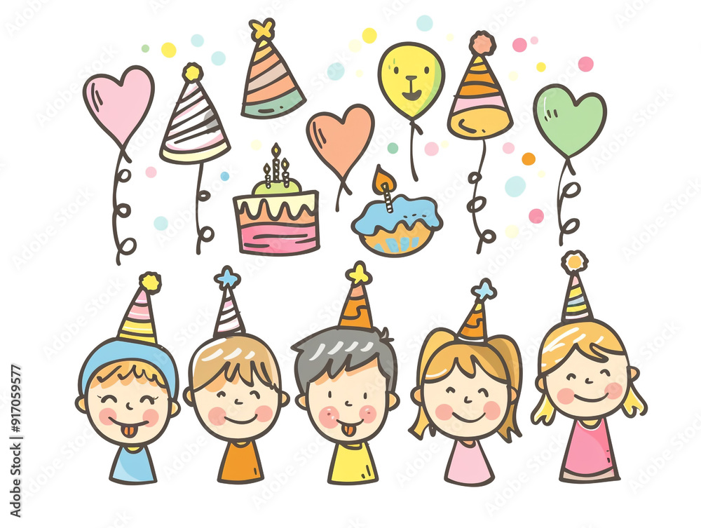 Fototapeta premium A group of children are celebrating a birthday party with balloons and streamers. Creating a joyful and festive atmosphere. Children hand drawing style on a white background. 