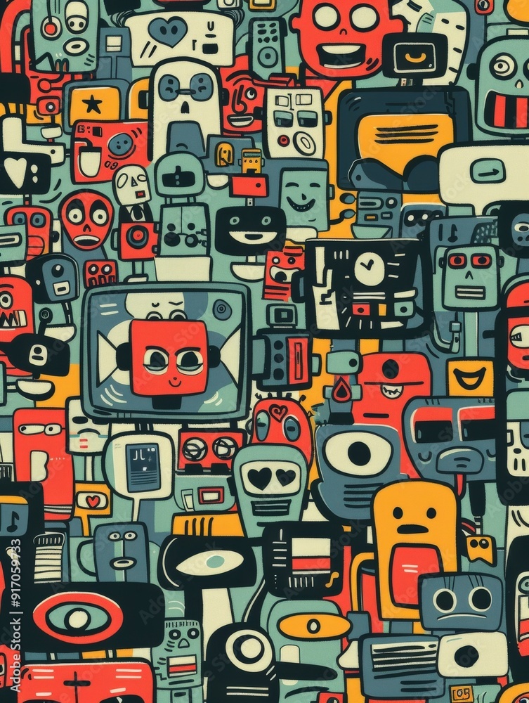 A vibrant illustration filled with various cartoon-like characters and faces in a playful style. A vibrant illustration filled with various cartoon-like characters and faces in a playful style.