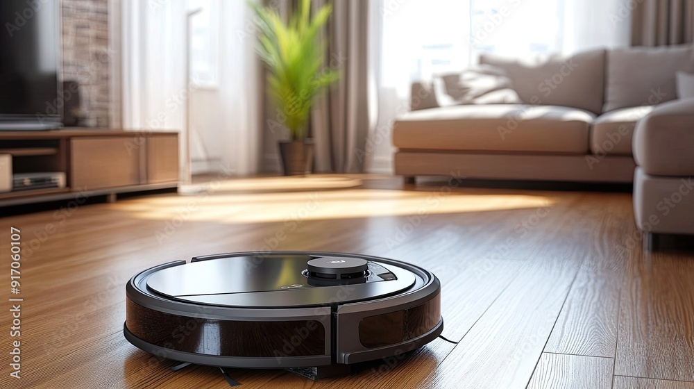 Robotic vacuum cleaner on a wooden floor in a well-furnished living room, demonstrating smart and convenient home cleaning technology Robotic vacuum cleaner on a wooden floor in a well-furnished living room, demonstrating smart and convenient home cleaning technology