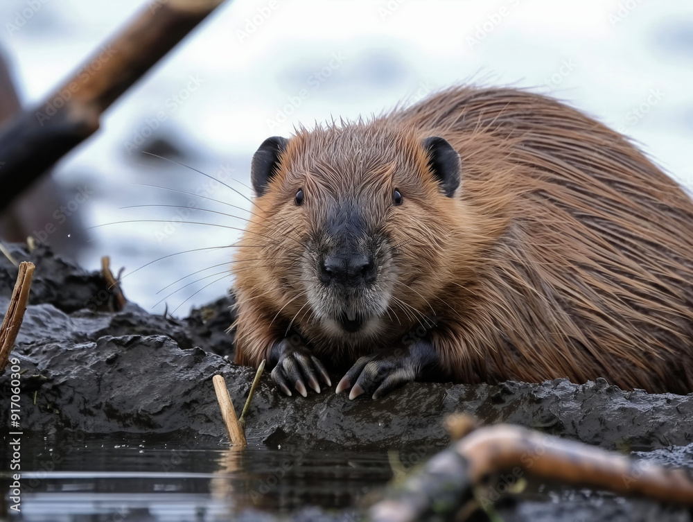 A brown beaver is sitting on a rock near a body of water. The beaver appears to be looking at the camera A brown beaver is sitting on a rock near a body of water. The beaver appears to be looking at the camera