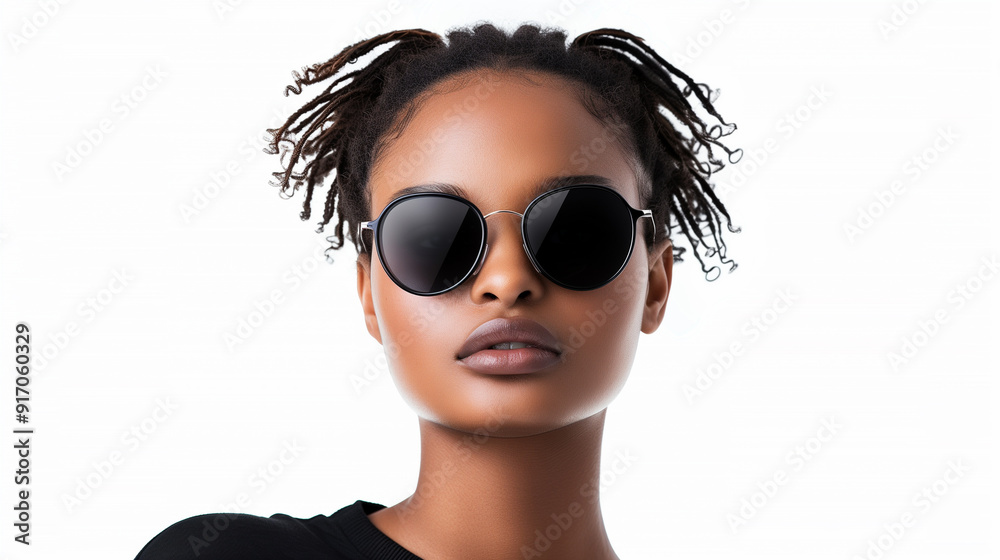 A trendy model sporting round black sunglasses with an edgy hairstyle, delivering a strong and modern aesthetic on a white background. A trendy model sporting round black sunglasses with an edgy hairstyle, delivering a strong and modern aesthetic on a white background.