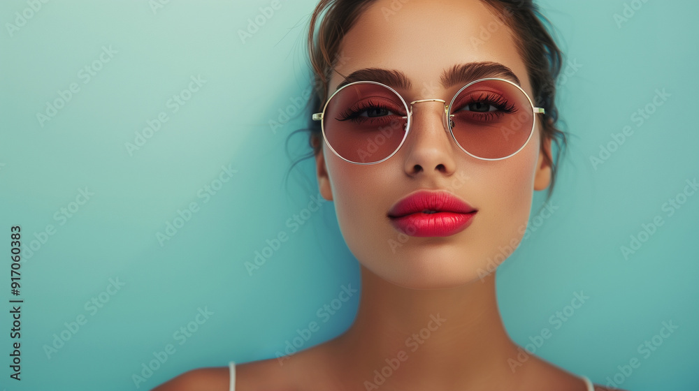 A stylish model wearing round red-tinted sunglasses against a light turquoise background, radiating a summary and fresh vibe with bold red lips.