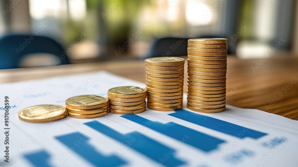 Stack of increasing coins beside a financial growth chart, symbolizing prosperity and business success Stack of increasing coins beside a financial growth chart, symbolizing prosperity and business success