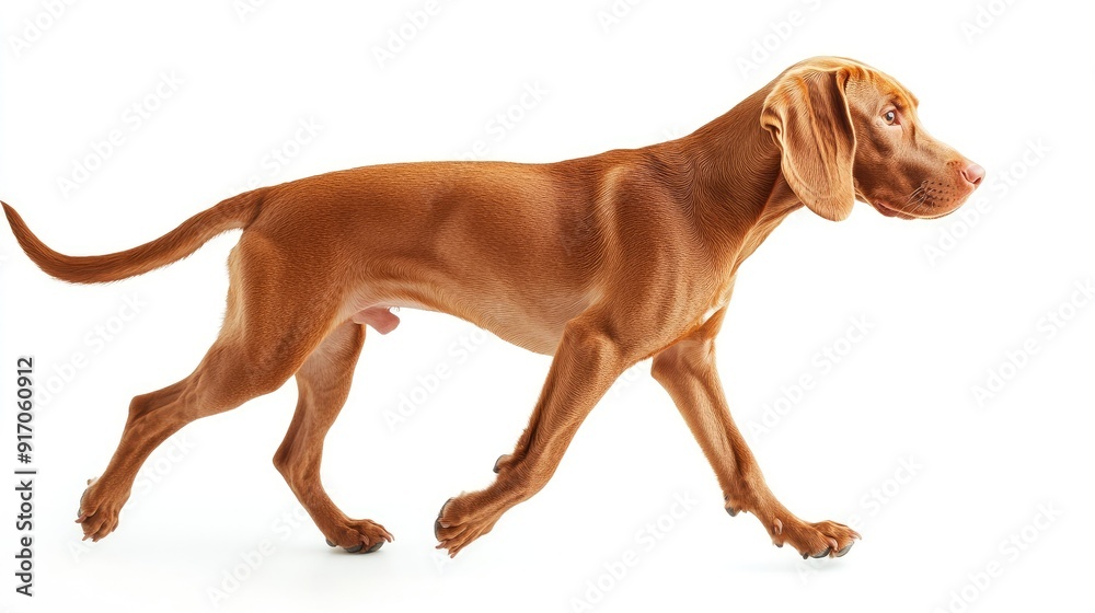 Studio shot of a Hungarian Vizsla dog walking with ears perked up, isolated on white, showcasing its alert and active nature Studio shot of a Hungarian Vizsla dog walking with ears perked up, isolated on white, showcasing its alert and active nature