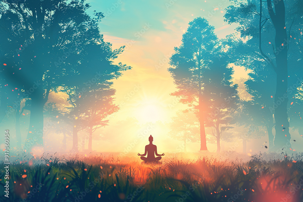 Woman Practicing Yoga in a Misty Forest at Sunrise Woman Practicing Yoga in a Misty Forest at Sunrise