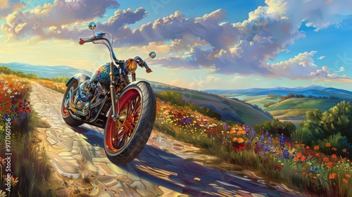 Depict a motorcycle with a colorful custom paint job riding along a scenic route in the countryside photo