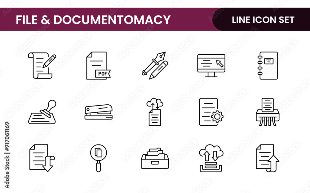 Document outline icons. Document icon set. Set of outline icons related to document, files, message, security. Linear icon collection. Document outline icons. Document icon set. Set of outline icons related to document, files, message, security. Linear icon collection.
