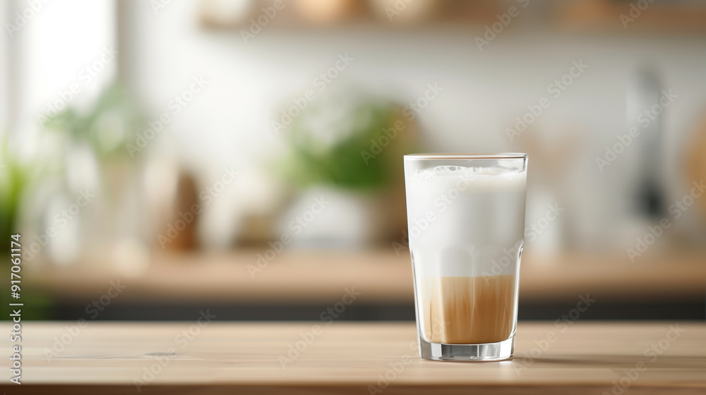 A glass of iced coffee with frothy milk, set in a bright and airy kitchen, highlighting its fresh and creamy texture. A glass of iced coffee with frothy milk, set in a bright and airy kitchen, highlighting its fresh and creamy texture.