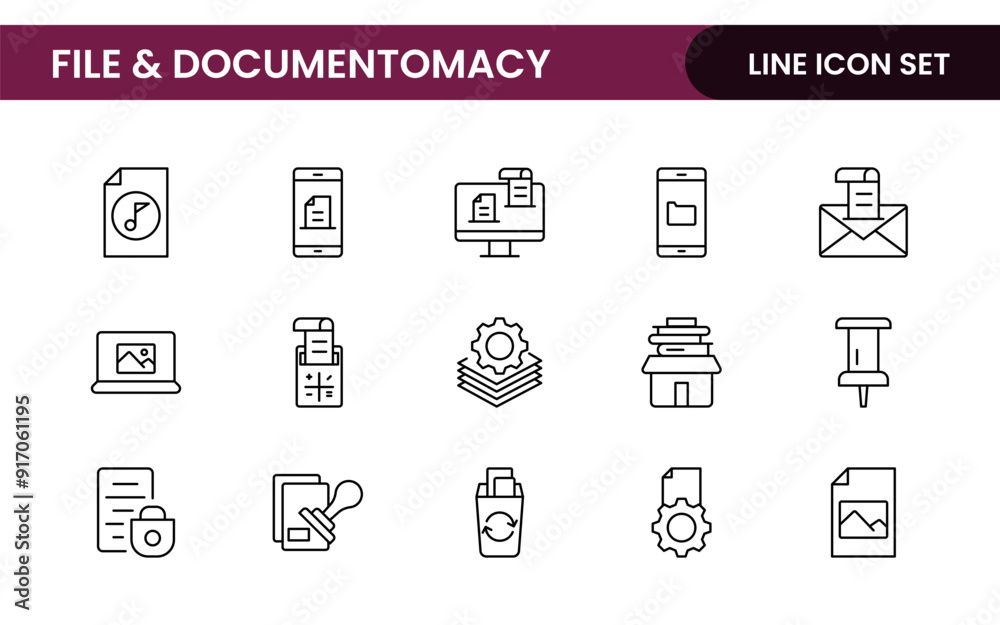 Document outline icons. Document icon set. Set of outline icons related to document, files, message, security. Linear icon collection. Document outline icons. Document icon set. Set of outline icons related to document, files, message, security. Linear icon collection.