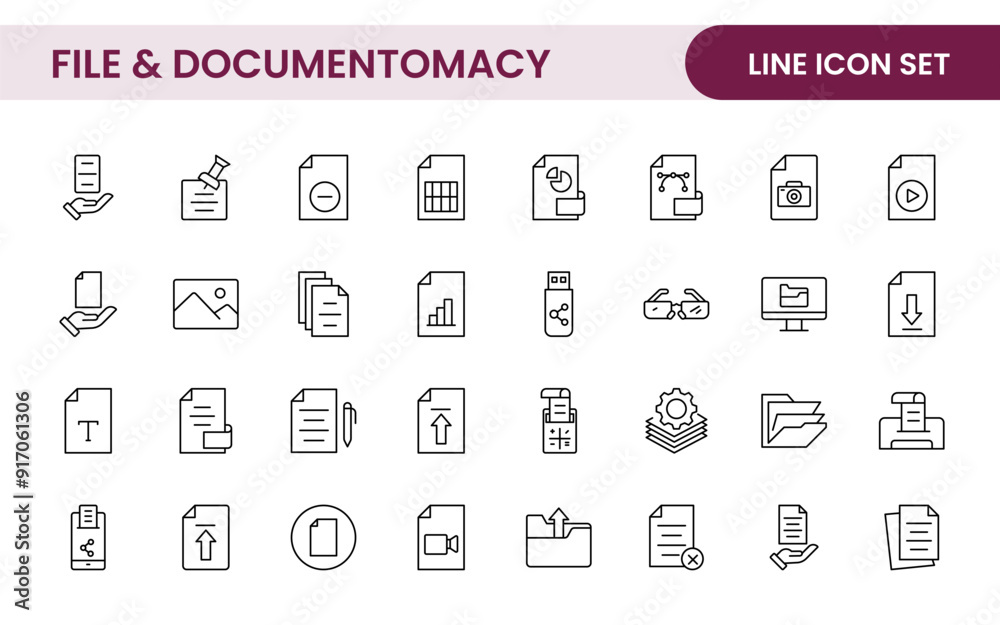 Document outline icons. Document icon set. Set of outline icons related to document, files, message, security. Linear icon collection. Document outline icons. Document icon set. Set of outline icons related to document, files, message, security. Linear icon collection.