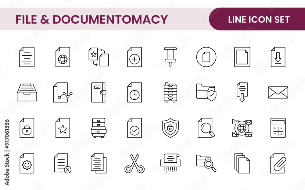 Document outline icons. Document icon set. Set of outline icons related to document, files, message, security. Linear icon collection. Document outline icons. Document icon set. Set of outline icons related to document, files, message, security. Linear icon collection.