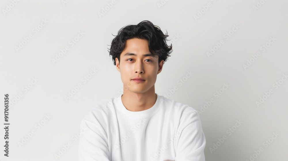 Portrait of a young trans masculine Asian man with medium-length, wavy hair, wearing a casual white shirt, standing against a bright, plain background, reflecting confidence and a modern style. Portrait of a young trans masculine Asian man with medium-length, wavy hair, wearing a casual white shirt, standing against a bright, plain background, reflecting confidence and a modern style.