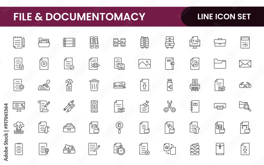 Document outline icons. Document icon set. Set of outline icons related to document, files, message, security. Linear icon collection.