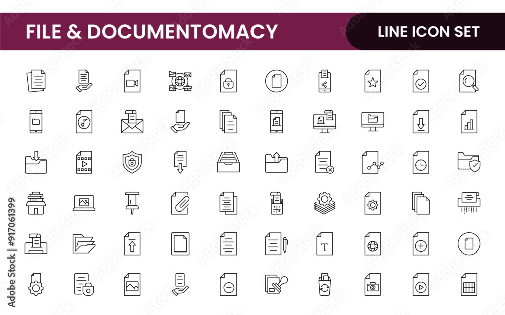 Document outline icons. Document icon set. Set of outline icons related to document, files, message, security. Linear icon collection. Document outline icons. Document icon set. Set of outline icons related to document, files, message, security. Linear icon collection.