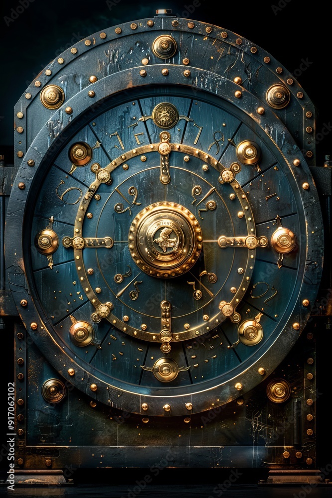 Fototapeta premium Secure bank vault with armored door, gold bars, and compartments for precious gemstones
