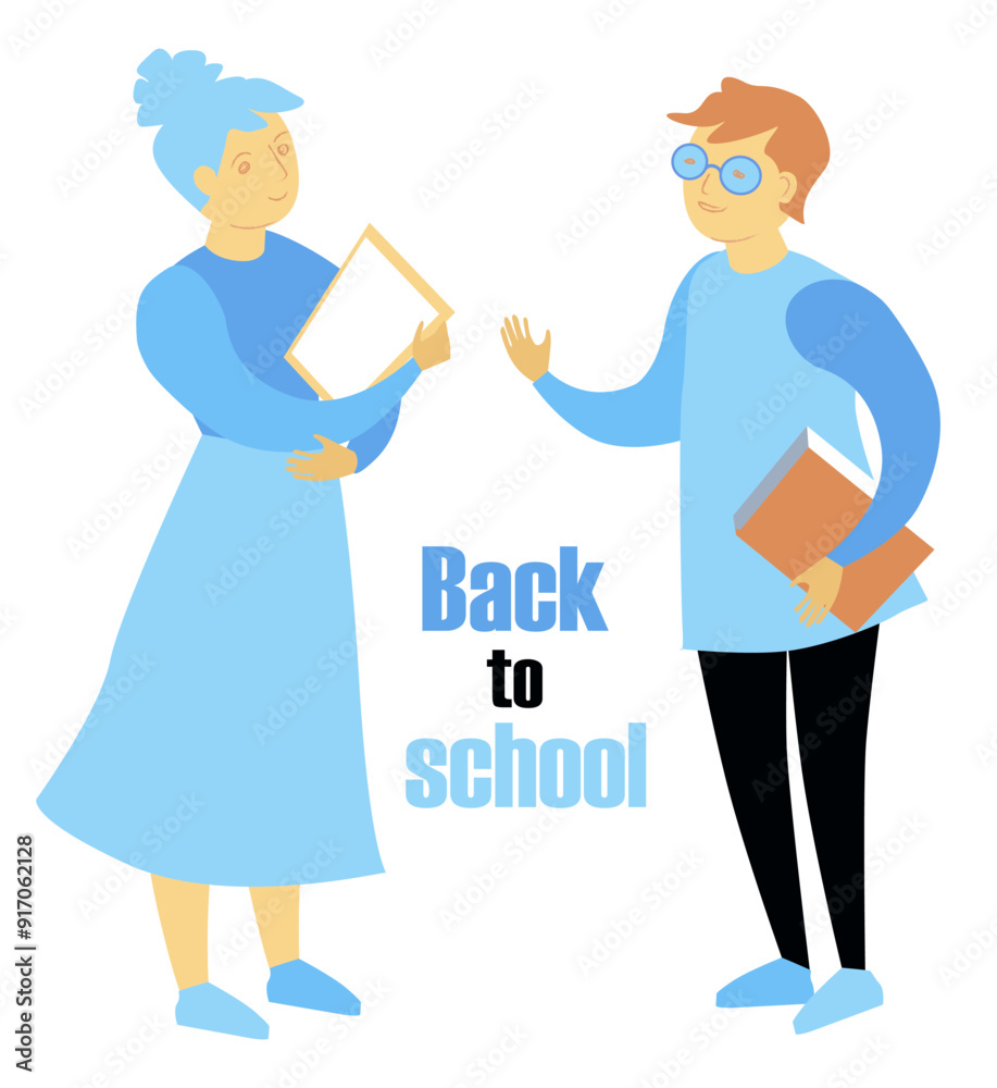 Back to school vector illustration on a separate background. Teachers with books in their hands are talking affably in various poses. School characters. Back to school vector illustration on a separate background. Teachers with books in their hands are talking affably in various poses. School characters.