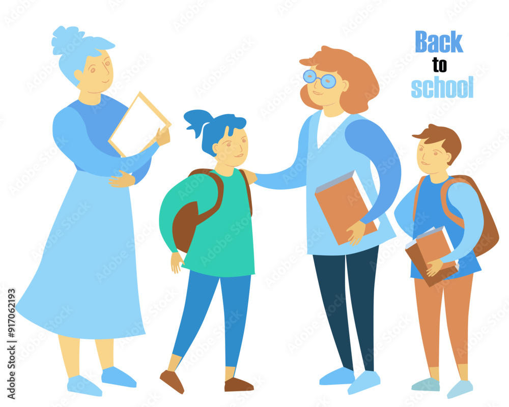 Back to school vector illustration on a separate background. Teachers and children in various poses. School characters. Students communicate with teachers with positive emotions. Back to school vector illustration on a separate background. Teachers and children in various poses. School characters. Students communicate with teachers with positive emotions.