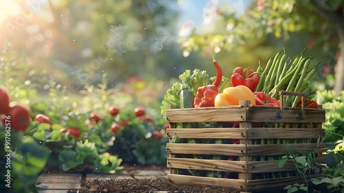 
Realistic photo of basket or crate of vegetables with lots of Wax beans inside with beautiful yard or plantation background
