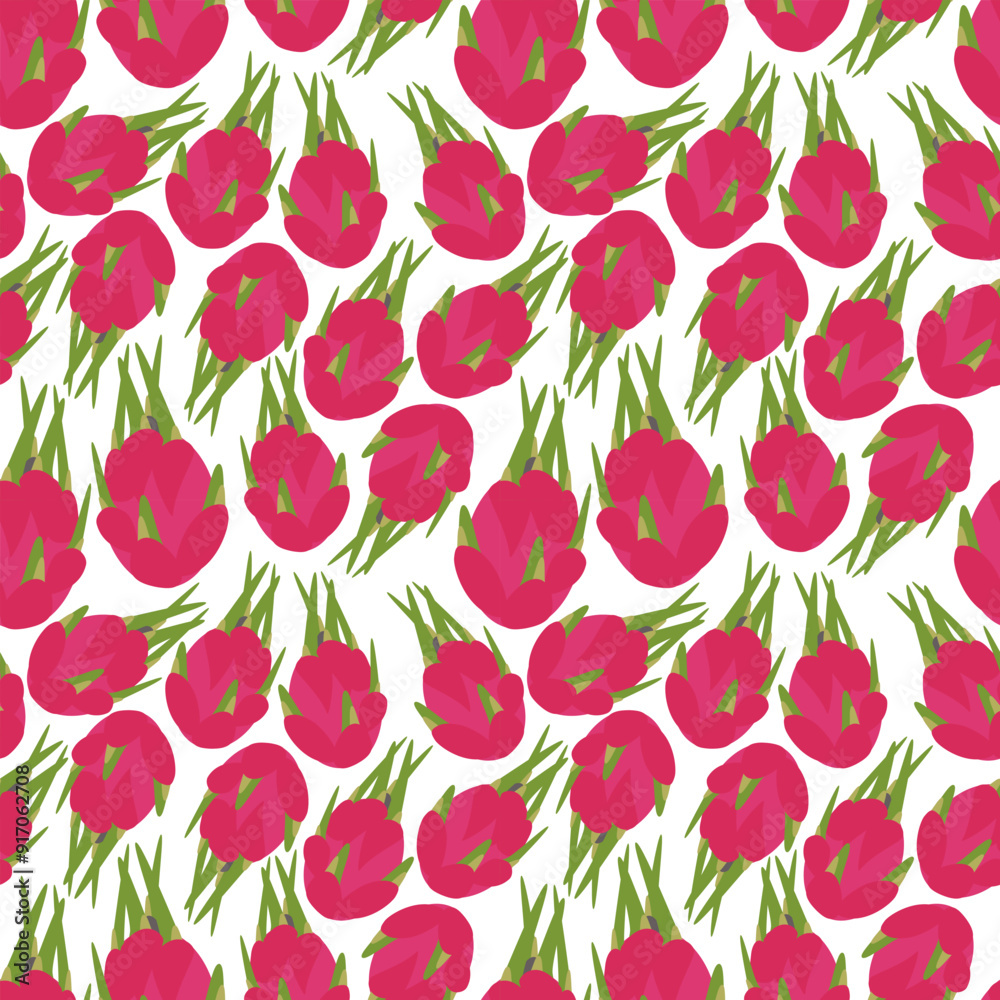 Fototapeta premium Seamless pattern ripe dragon fruit, pitahaya, pitahaya, long yang on white background - vector color flat illustration for packaging, textile, wallpaper