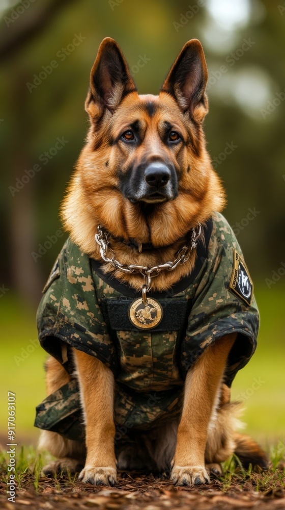 Noble Duty: A Majestic German Shepherd in Military Attire Ready for Mission, Suited for Animal Rescue Events and Military Theme Initiatives, Enhancing Pet Loyalty Perception Noble Duty: A Majestic German Shepherd in Military Attire Ready for Mission, Suited for Animal Rescue Events and Military Theme Initiatives, Enhancing Pet Loyalty Perception