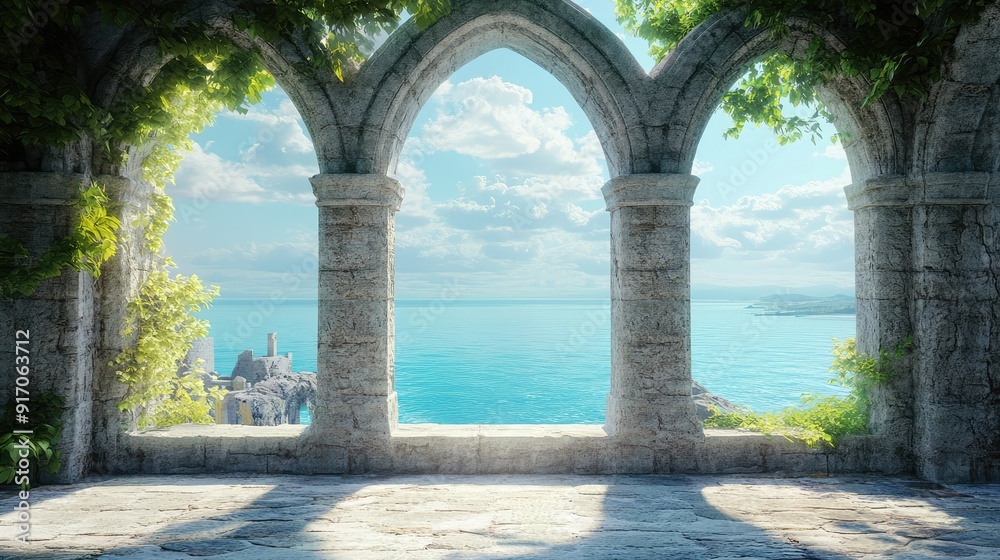 Historic medieval stone arched windows with romantic view of sea or ocean, summer landscape background. Generation of Ai Historic medieval stone arched windows with romantic view of sea or ocean, summer landscape background. Generation of Ai
