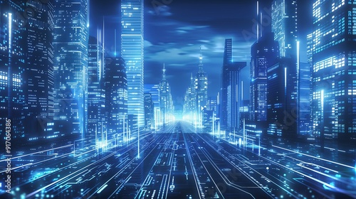 Futuristic cityscape transforming from analog to digital, with binary code and glowing circuit patterns flowing through buildings and infrastructure.