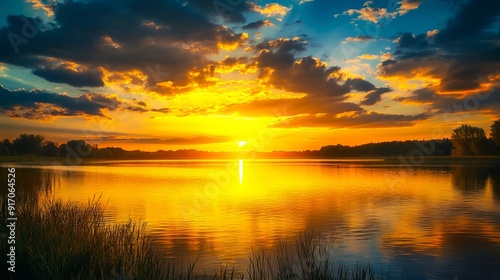 A sunset over a lake with reeds in the foreground