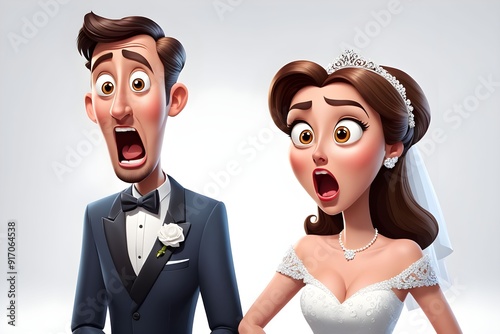 Surprised, shocked young adult bride and groom portrait with an opened mouth