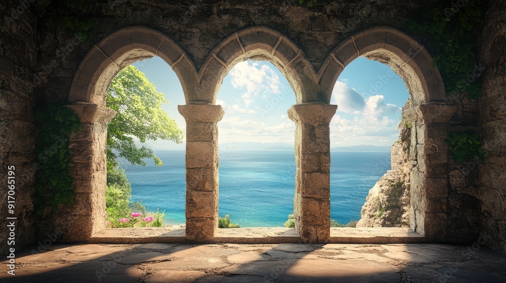 Historic medieval stone arched windows with romantic view of sea or ocean, summer landscape background. Generation of Ai Historic medieval stone arched windows with romantic view of sea or ocean, summer landscape background. Generation of Ai