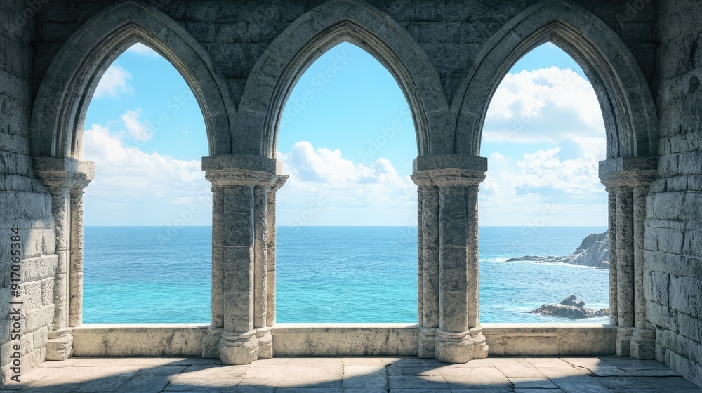 Historic medieval stone arched windows with romantic view of sea or ocean, summer landscape background. Generation of Ai Historic medieval stone arched windows with romantic view of sea or ocean, summer landscape background. Generation of Ai