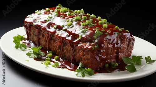 Close view of meatloaf, highlighting rich textures, front view from above, studio lighting, white background.