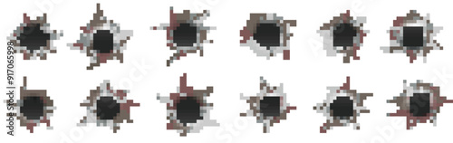 Set of bullet holes. Ragged hole in metal from bullets