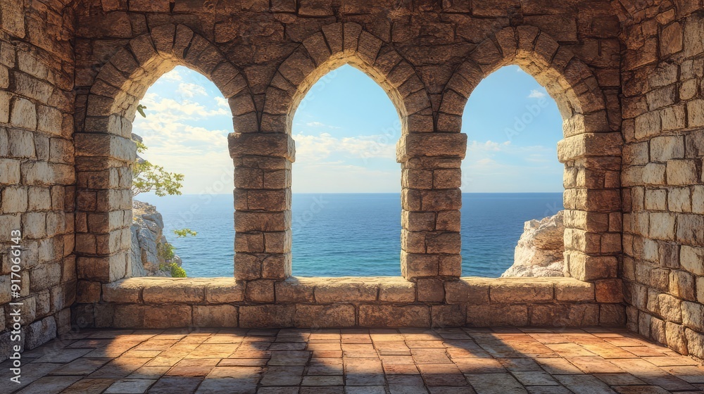 Historic medieval stone arched windows with romantic view of sea or ocean, summer landscape background. Generation of Ai