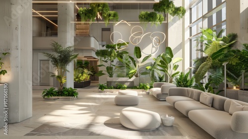 The waiting area is adorned with indoor plants and greenery, creating a refreshing and tranquil atmosphere for guests.